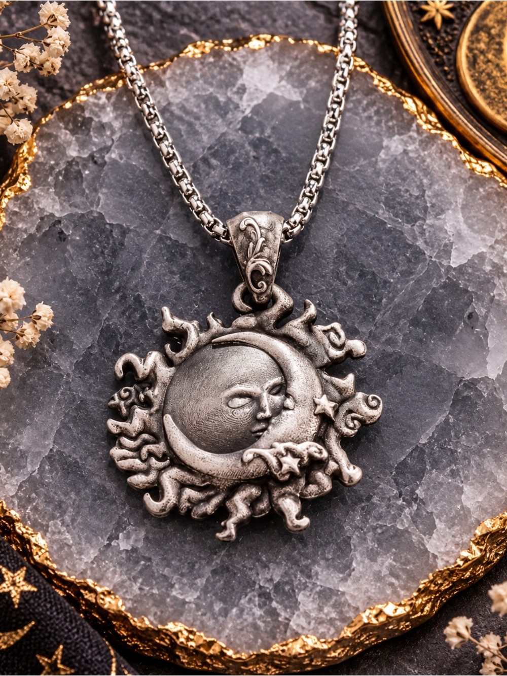 Silver Moon & Sun Pendant Necklace - Women Jewelry